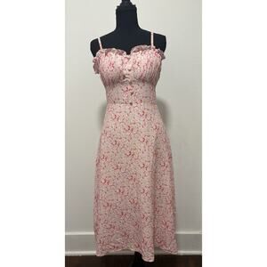 Cosy Pink White Floral Midi Dress Spaghetti Strap Ruffle Trim Women’s M